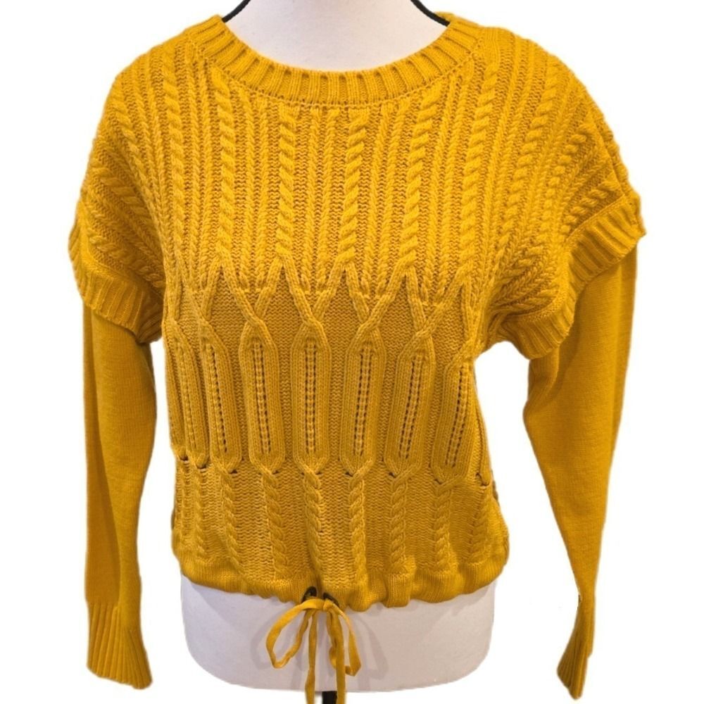DKNY Jeans Mustard Yellow Cable Knit Sweater Crewneck Textured Boho Ribbed M